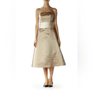 Bill Levkoff| Beige Cream Satin Midi Cocktail Strapless Dress Size 10